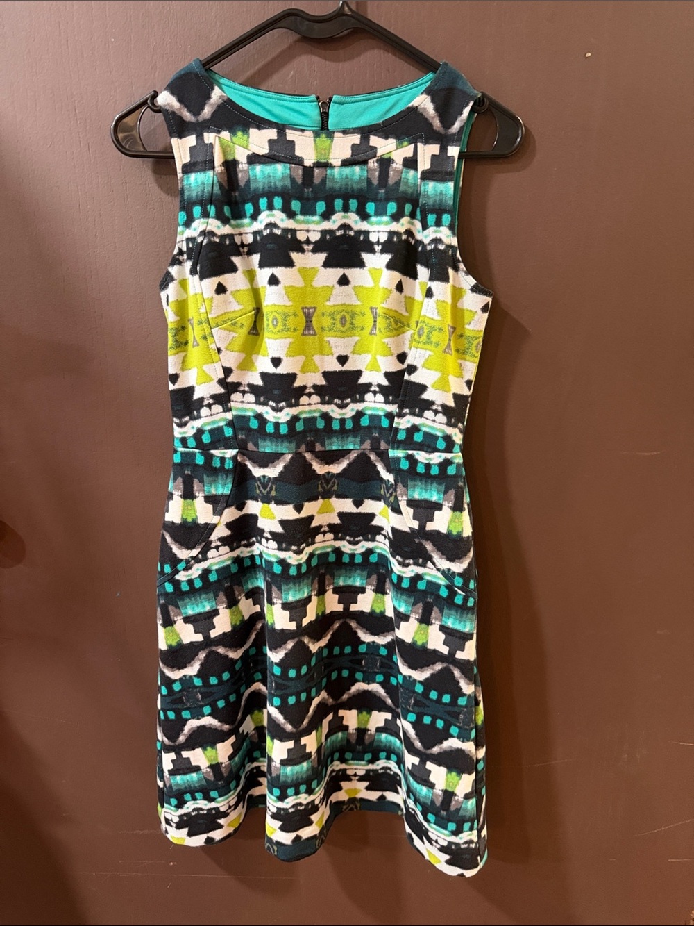 Vince Camuto Teal, Black & Lime Printed Dress